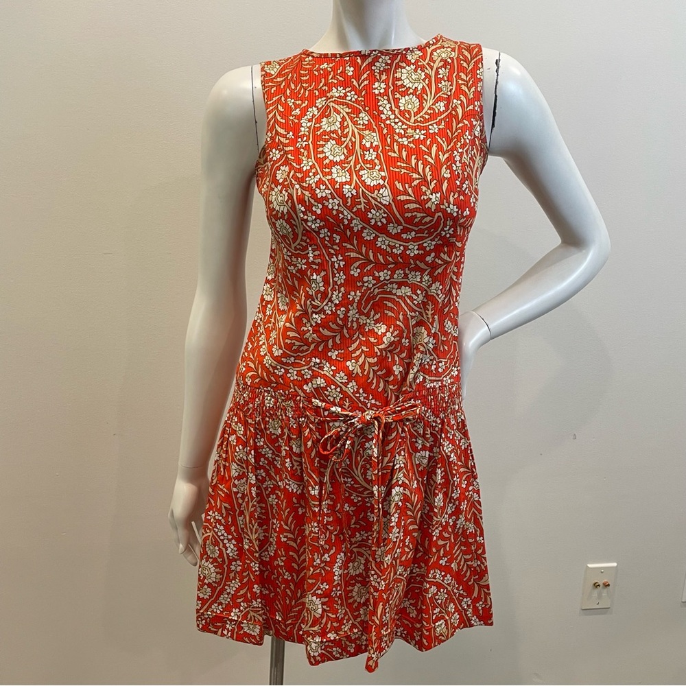 VINTAGE Gibson Gay Orange Floral Paisley Print Mod Drop Waist Mini Dress